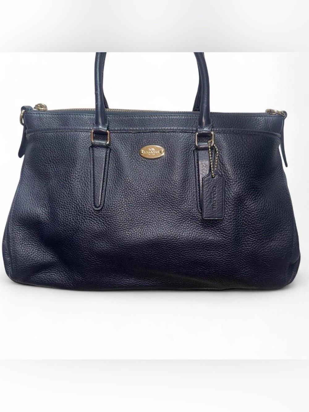 Coach Pebbled Leather Tote in Dark Navy with Gold Hardware